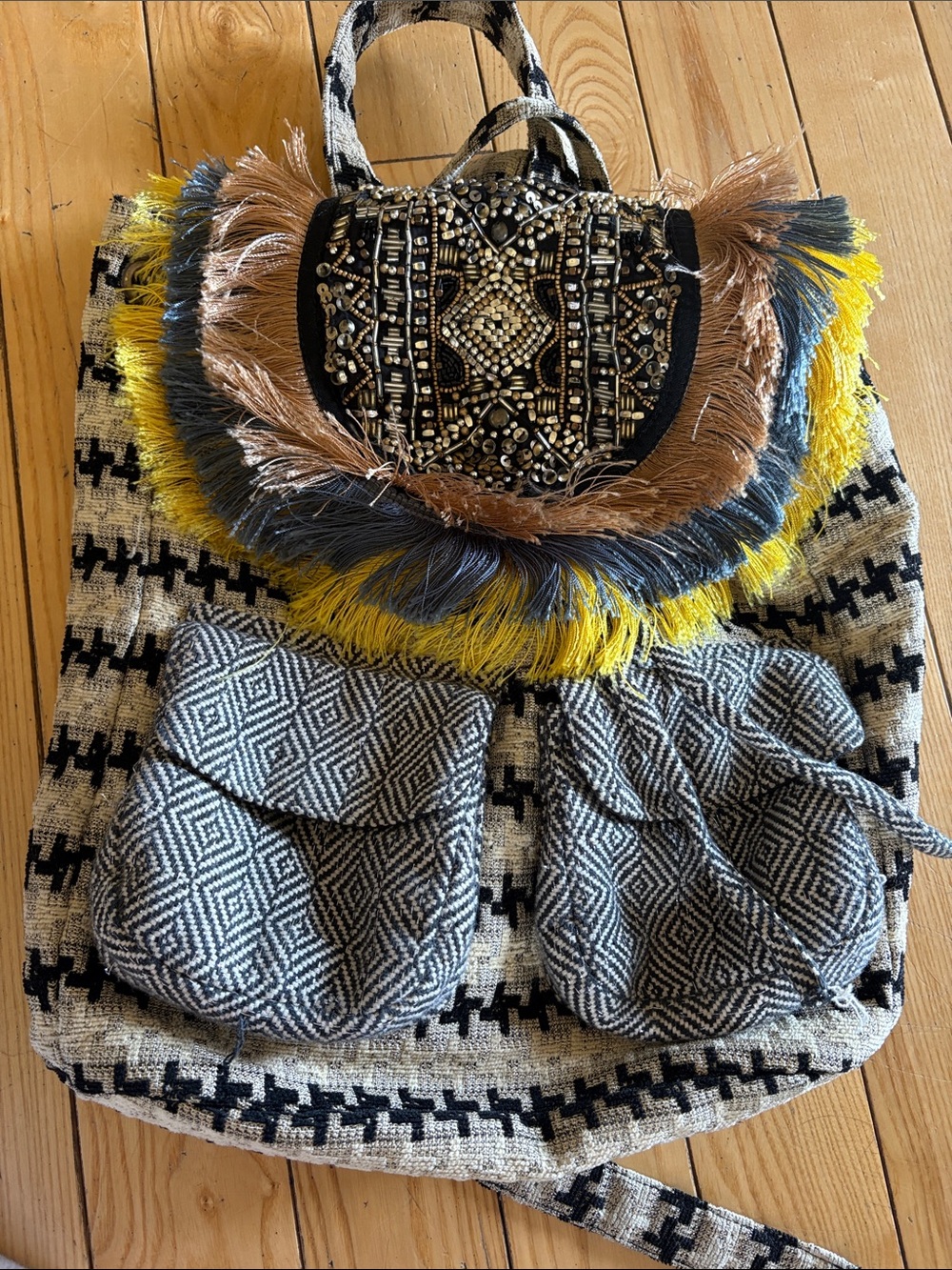 Jasper & Jeera Anthropology Beaded Fringe Woven Black & Yellow Backpack